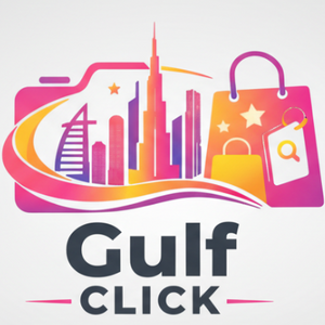 Logo of Dubai Click with colorful skyline and shopping bag design on a white background
